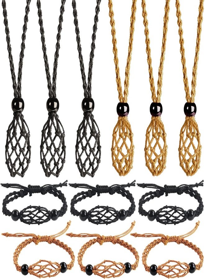 weryerker 6 PCS Crystal Necklace 6 PCS Crystal Gem Bracelet Cord Empty Stone Holder 1.57“ Hand-Woven Necklace Cord with Adjustable for Stone Necklace DIY Bracelet (Black + Coffee) - Image 1